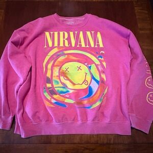 Nirvana Tie-Dye Smiley Face Crewneck Sweatshirt Pink S/M FITS LIKE XL